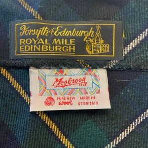 Vtg Shawl by Forsyth of Edinburgh/ plaid green and blue black Trim